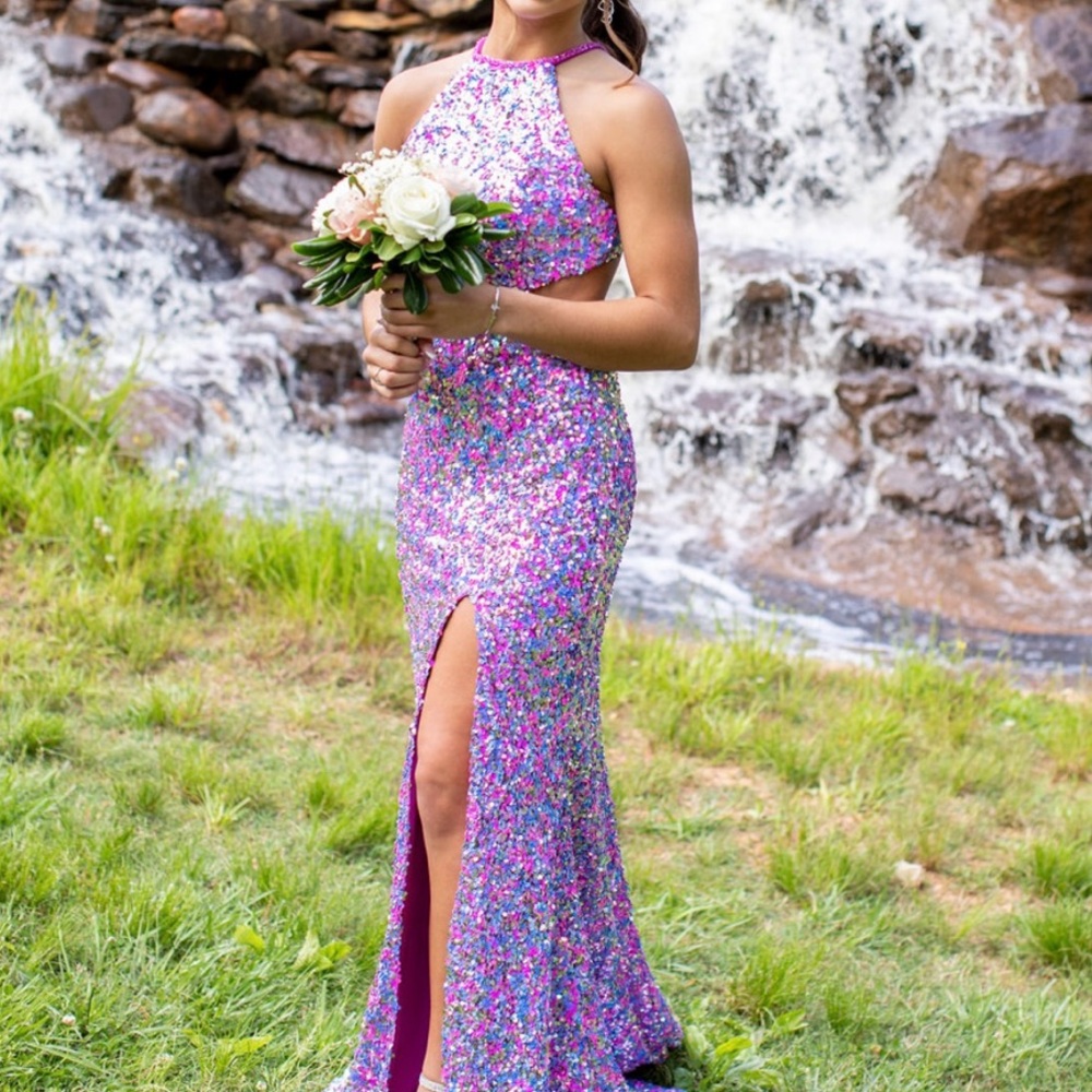 Pink and Blue Sequin Halter Gown with Slit